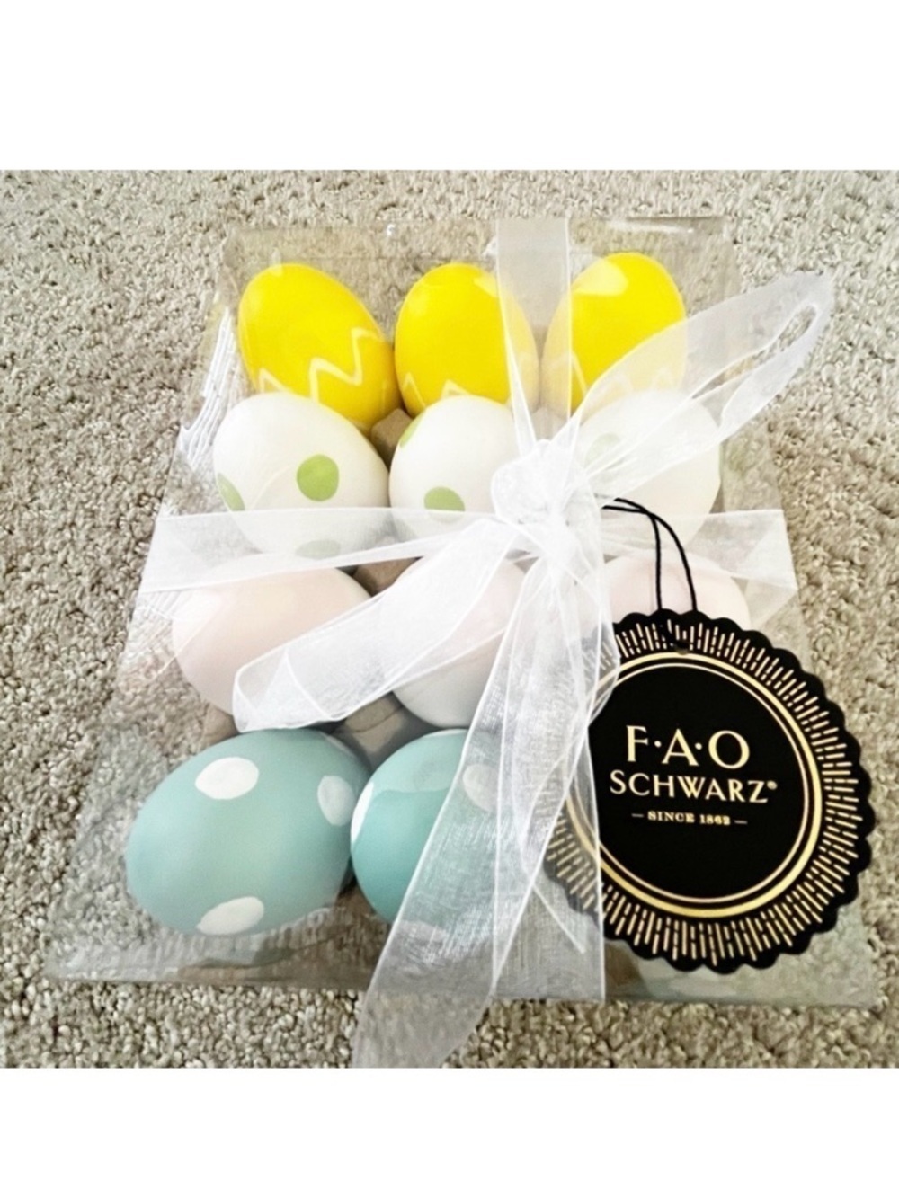 FAO Schwarz Easter Eggs Decor Polka Dot Striped Pink Yellow Green Blue Set of 12